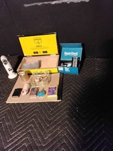 Lighters, wood cigar box, ashtrays, tin and corn pipe