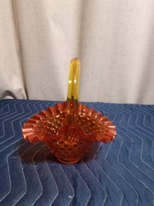 Vintage Fenton Hobnail amber glass basket