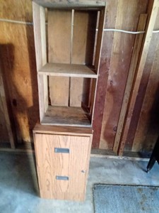 Metal filing cabinet and wood crate shelfstandbox