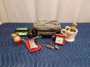 Pocket knife, shaving mug & brush, vintage hand warmer and more
