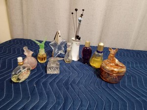 Vintage hat pins and perfume bottles, Germany hat pin holder, carnival dog on a dish and more