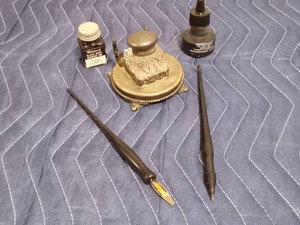 Vintage Victorian style ink well and pens