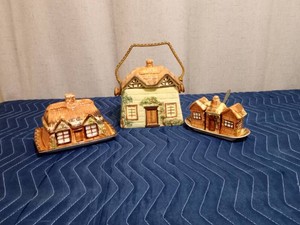 Keeles Pottery England cottage cookie jar, S&P, and sugar bowl