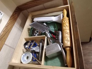 2 drawers full of kitchen items including vintage Springerle rolling pin (Bring boxes and must take all)