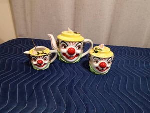 Vintage clown teapot and creamer & sugar