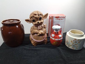 Twin Winton For Good little Lambs Only cookie jar, Hull brown pottery, McCoy floral cookie jar and Mr. Jelly Belly candy dish