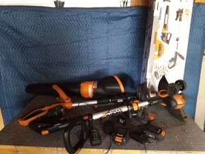 20v Works blower and trimmer and 24v trimmer with batteries and chargers