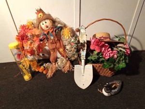 Fall wreath, deco shovel, basket of flowers, ladies decorative hat, bird feeder, ceramic loon planter&nbsp