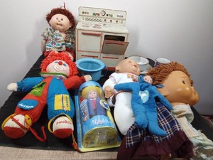 Vintage Tin childs stove, Cabbage Patch doll, Madeline doll in pkg.,clown learning doll childs dishes and more