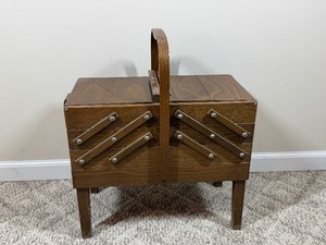 vintage mid-century modern accordion-style wooden sewing box - see description for more info