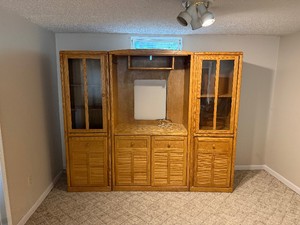 3 Piece Solid Wood Glass Upper Doors China Cabinet  Entertainment CenterBRING HELP TO LOAD