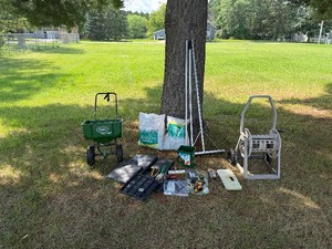2 Bags of Topsoil (open) - Snow Roof Rake - Garden Hose Reel - New Sprayer - Garden Tools - Seed Spreaders and More