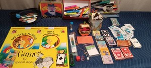 Playing cards,coloring books, game book,lunch box and office supplies