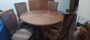 Dining table with 2 leafs and 4 chairs with upholstered seats and cane backBRING HELP TO LOAD