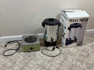 Vintage Liberty Hot Plate and West Bend Coffee Maker with Box