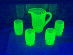'RARE" WEISHAR MOON STARS MINIATURE VASELINE URANIUM GLASS PITCHER & CUP SET