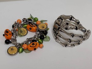 Halloween Costume Jewelry Bracelet Lot Pumpkin Charm & Skeleton Cuff