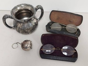 Lot Including Antique Spectacles, Cases, Silverplate Bowl and Infuser