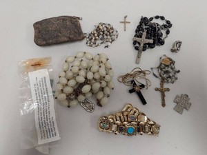 Lot Including Vintage Religious Rosaries Crucifixes Medal As Found