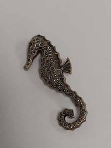 Sterling Silver Marcasite Seahorse Figural Brooch Pin Approximately 2.25in