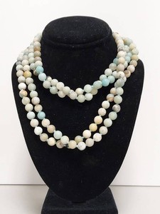 Sterling Silver Long Polished Stone Bead Necklace Blue Cream Tones Lobster Clasp