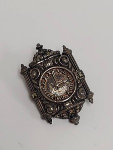 Sterling Silver Marcasite Clock Brooch Pin Architectural Design