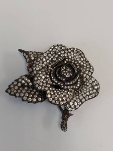 Vintage Rhinestone Rose Flower Brooch Pin Gunmetal Tone 3 Inch