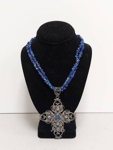 Large Filigree Cross Pendant Necklace Blue Stone Chips Sterling 925