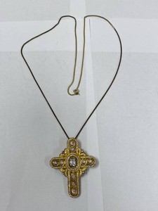 Gold-Tone Sterling Silver Rhinestone Cross Pendant Necklace Ornate Statement Piece