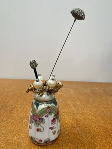 Hand Painted Nippon Porcelain Hatpin Holder w Assorted Hatpins