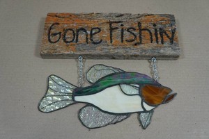 Vintage Stained Glass Gone Fishing Wall Art