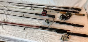 Fishing Rod & Reel Collection Shimano MLZ10 Rod & Reel, Daiwa Rod & Reel, Garcia 3000 Reel with Ugly Stick Rod, Daiwa Millionaire Reel with Daiwa Rod, Zebco Rod and Reel,  Garcia Graphite Rod, 56 Ugly Stick Graphite Rod