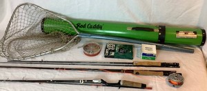 Fly Fishing Rod and Reel Collection - Zebco Rod, Shakespeare Fly Reel w Box with Eagle Claw Rod, Graphite Plus South Bend 8 Fly Rod, Round Fly Tackle Box with tackle, Cortland Fly Line in Box, Landing Net, and Rod Caddy