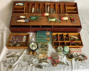 Vintage Wooden Tackle Box with Collection of Vintage Wooden Lures, Spoons and Flies, Cork Bobbers,  Fly Reel, and Sinkers