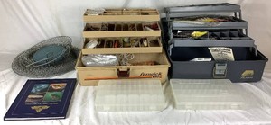 Fishing Collection - Plano Tackle Box with Rapala Lures, Spoons, 30 Crappie Jigs, Assorted Hooks, 2 Plano StowAways, Sinkers, Vintage Mess Fish Keeper, and Other Treasures