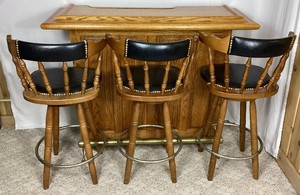Solid Oak Bar and 3 Swivel Bar Stools - Bar 53.25W x 19D x 41H Bar Stool17W x 19D x 40H - 27 Seat Height  - Note Small tear in one bar stool, and patch on another bar stool