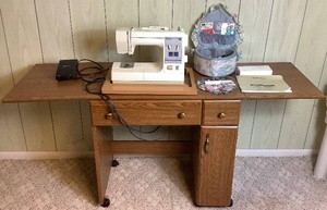 Sears Kenmore Sewing Machine in Wooden Table- Model 385.18836 -Plus Accessory Kit Model 213702016 and Sewing Basket (Table 31.75W x 19.75D x 30.5H) - Width Extended is 63.25W