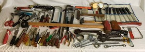 Assorted Hand Tool Set- includes Hammers, ScrewDrivers, Pry Bar, Hatchet, Hand Saws, Sledge Hammer, 9 Piece Nut Driver Set, Wire Cutters, and Much More