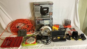 Black & Decker Corded Power Tools Set - 7.25  Circular Saw,  13 HP Jig Saw, 38 Variable Spped Reversing Drill, Bit Set, Lawn Mower Sharpener, Ryobi 95 pc Drill and Impact Driver Set, Stanley Miter Box, Extension Cord, and 11 Piece Durabuilt Bit Set