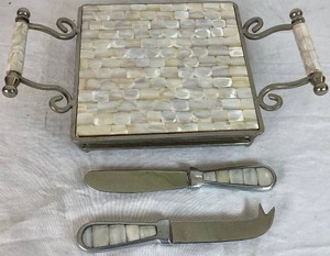 Mother of Pearl Trivet Serving Tray with Matching Cheese and Spread Knives- Tray 12W x 7.5D, Knives 7 L