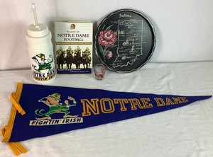 Vintage Notre DameIndiana Bundle of The Fighting Irish Felt Pendant, Indiana Shot Glass, Notre Dame Water Bottle, Echoes of Notre Dame Football and 1960s Indiana Souvenir Tray