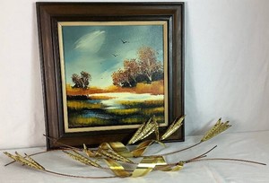 Brass Wheat Stalks with Copper Ribbon and Vintage Impressionist Oil Painting of Fall River Landscape