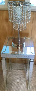 Mirrored End Table with Etched Floral Design and Chrome Table Lamp with Cascading Teardrops