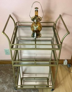 Gold Metal 3 Tier Bar Cart with Vintage Amber Glass Musical Decanter