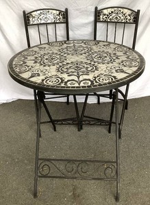 3 Pc Bistro Set with Black Metal Frame and Black & White Tiled Mosaic Tabletop
