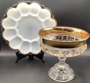 Vintage Kings Crown Thumbprint Compote and Vintage Milk Glass Deviled Egg Plate with Gold Trim