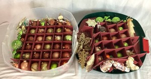 Large Ornament Collection in Greens, Golds, Rust and Creams in Ornament Keeper Tote