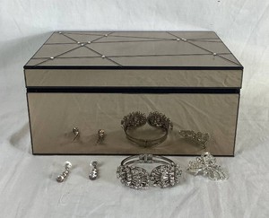 Vintage Juliana Style Rhinestone Silver Tone Clamper Bracelet, Rhinestone Brooch and Vintage Drop Earrings with Etched Glass Mirrored Jewelry Box
