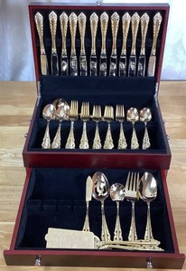 Wallace Silver Antique Baroque (Gold Electroplate) Flatware Set in Original Wood Box