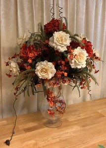 Large Artificial Lit Floral Arrangement with Rust and Tan Roses & Hydrangeas